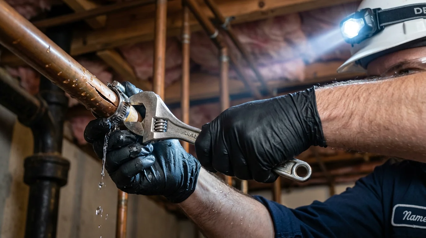 Emergency pipe clamp repair being performed by a Johns Plumbing LLC plumber in Tyndall