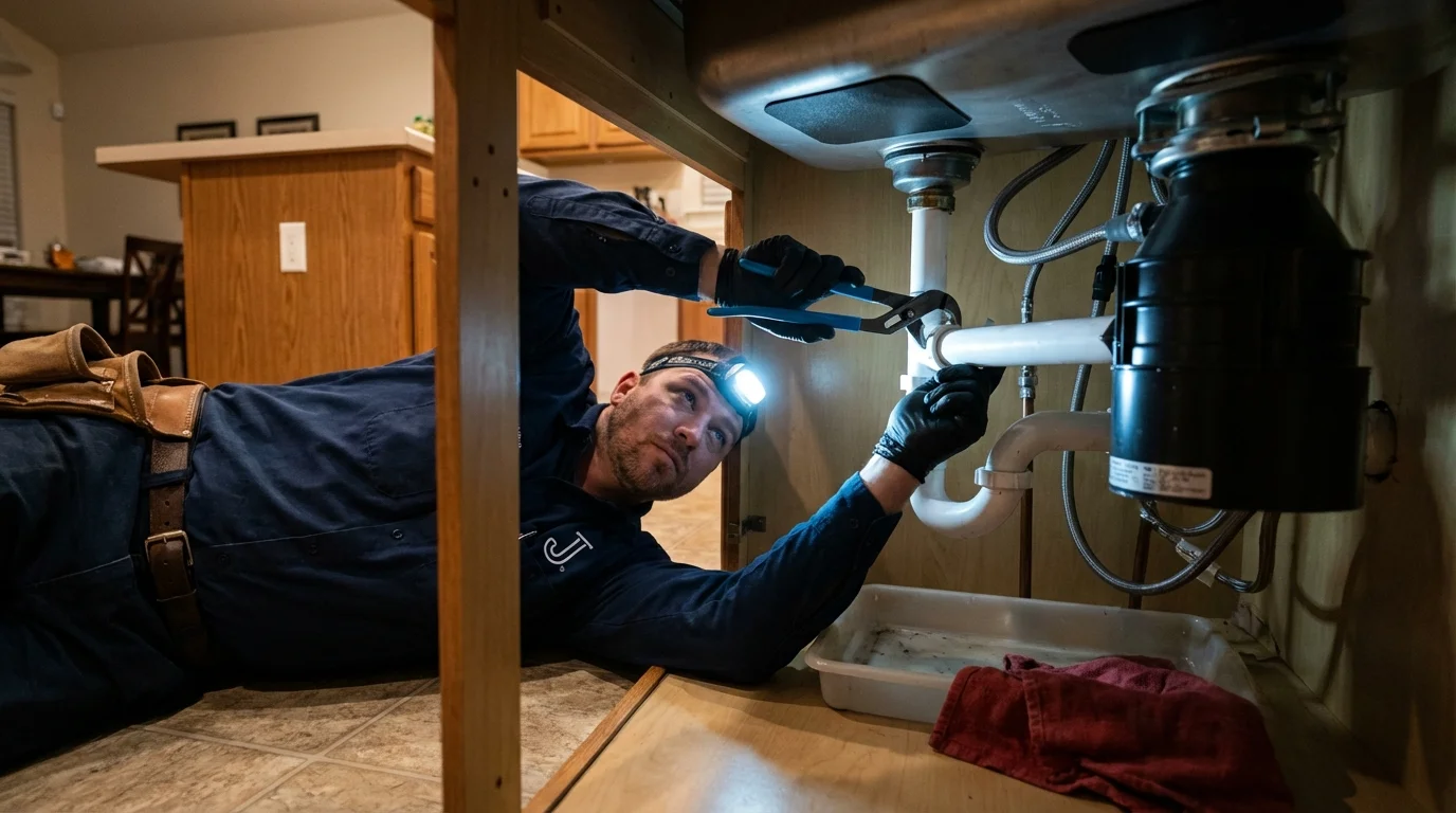 P-trap and supply line connections under a kitchen sink showing a common leak point in Tyndall, SD